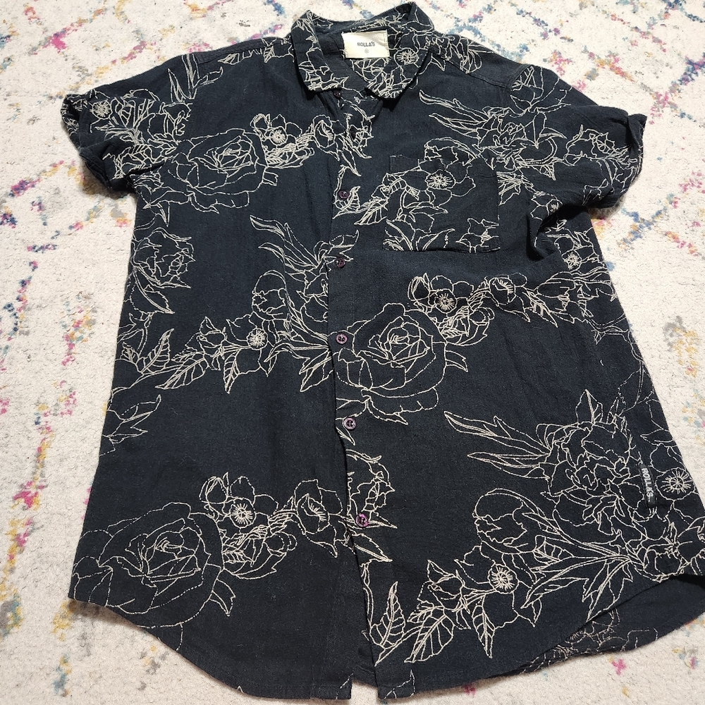Rolla's Button Down Black Floral Shirt